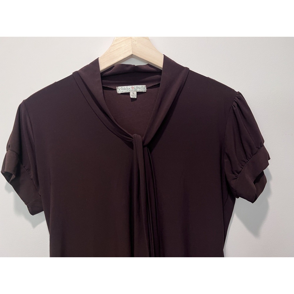 Vintage Suzie Shirt Short Sleeve Front Tie Stretch Size Large - Picture 2 of 4